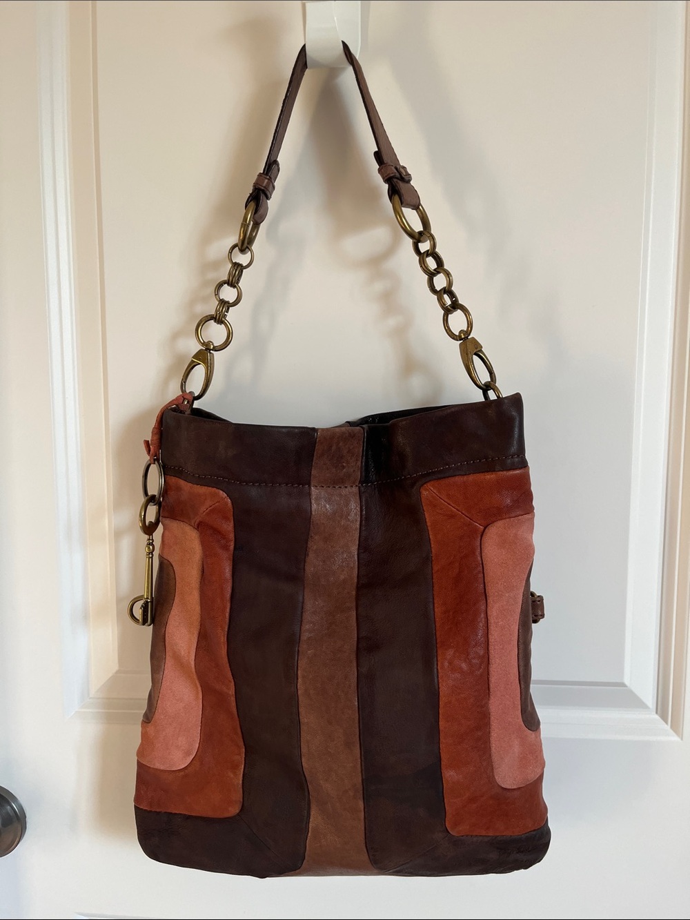 Fossil Patchwork Leather Shoulder Bag in Brown & Rust, Boho Fossil Bag